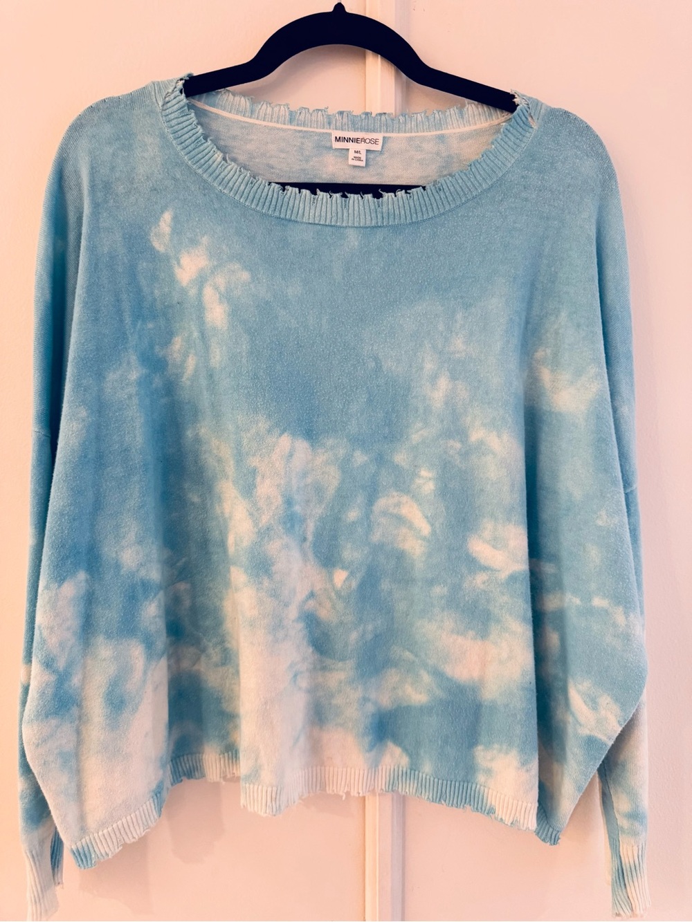 Minnie Rose Light Blue Tie-Dye Scoop Neck Sweater Raw Edge Boxy Light-Weight